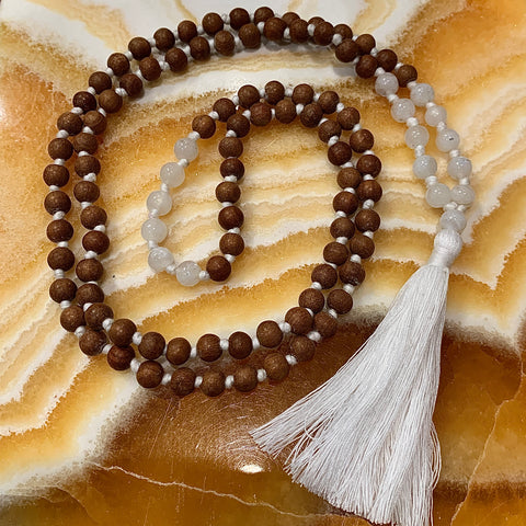 Sandalwood and White Moonstone 108 Bead Meditation Mala Necklace