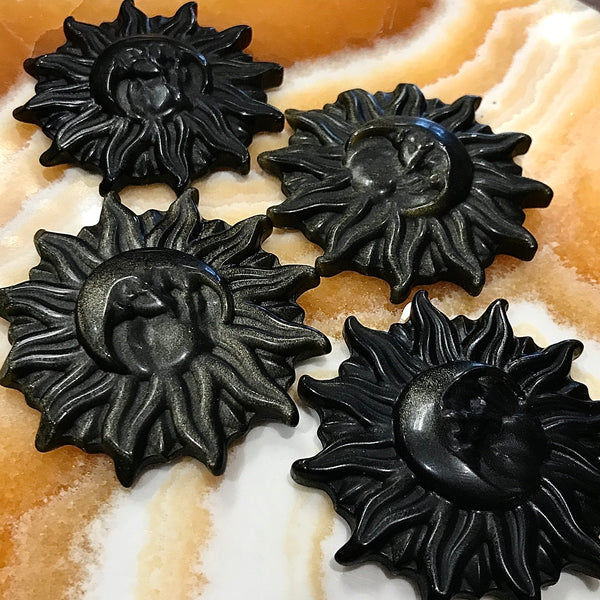 Golden Sheen Obsidian Sun and Moon Carvings