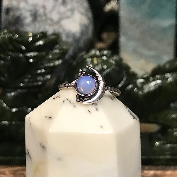 Sterling Silver Crescent Moon Ring with Gemstone