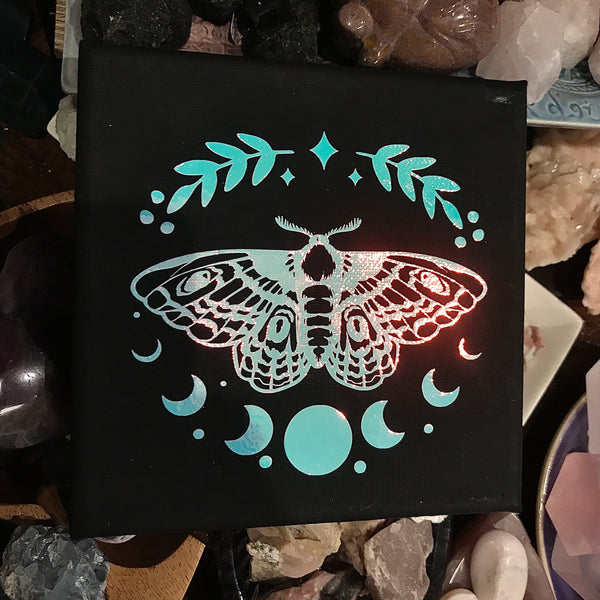 Moon Phase and Moth Iridescent Design on Black Canvas