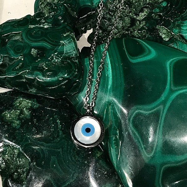 Evil Eye Mother of Pearl Round Pendant Necklace