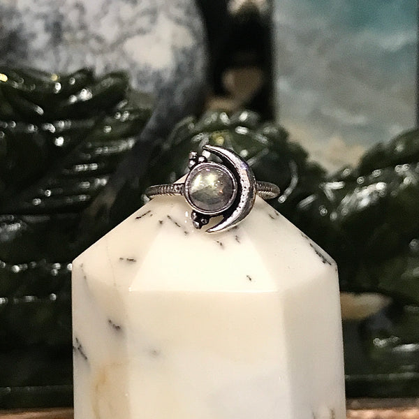 Sterling Silver Crescent Moon Ring with Gemstone