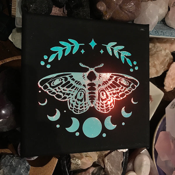 Moon Phase and Moth Iridescent Design on Black Canvas