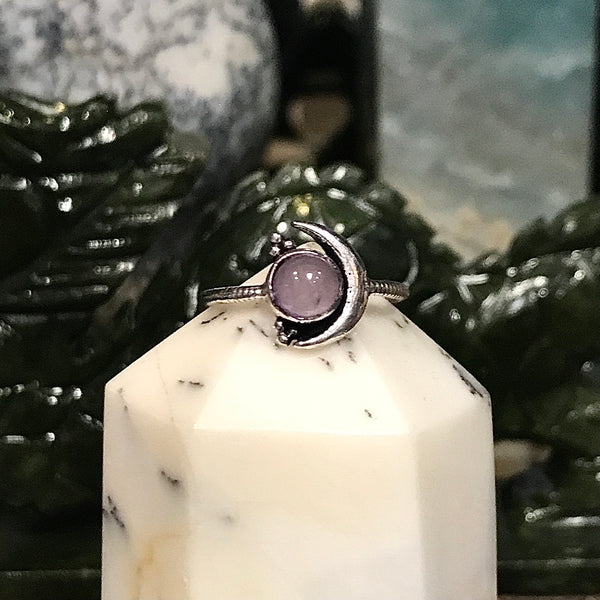 Sterling Silver Crescent Moon Ring with Gemstone