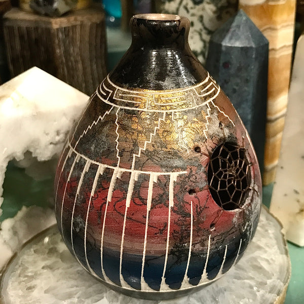 Navajo Artisan Etched Raku Horsehair Dreamcatcher Vase by Dennison Billy