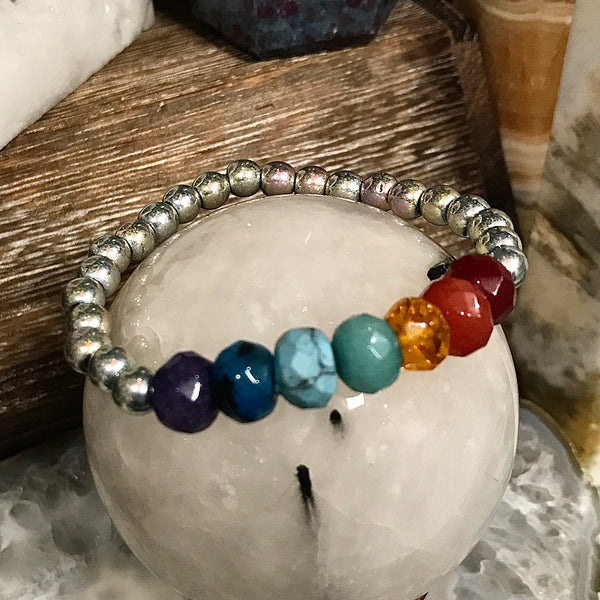 Faceted Gemstone Stackable Bracelet with Rainbow Pyrite