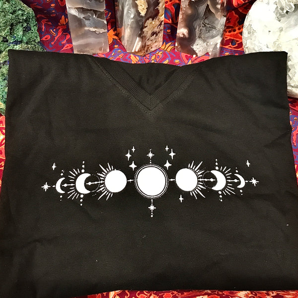 Moon Phase on Black V-Neck Women’s Cut Adult T-Shirt Infused with Amethyst, Moonstone, and Labradorite