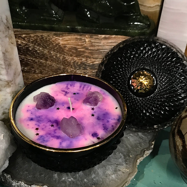 Cosmos Black Violet and Saffron Candle with Amethyst Vintage Black Glass Lidded Container