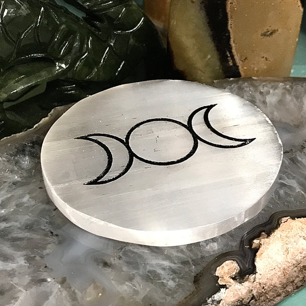 Triple Moon Engraved Selenite Charger