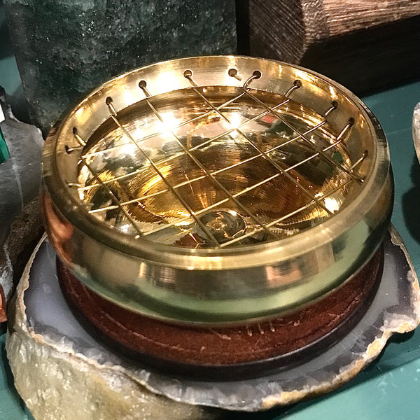 Brass Screen Round Incense Burner With Wood Plate