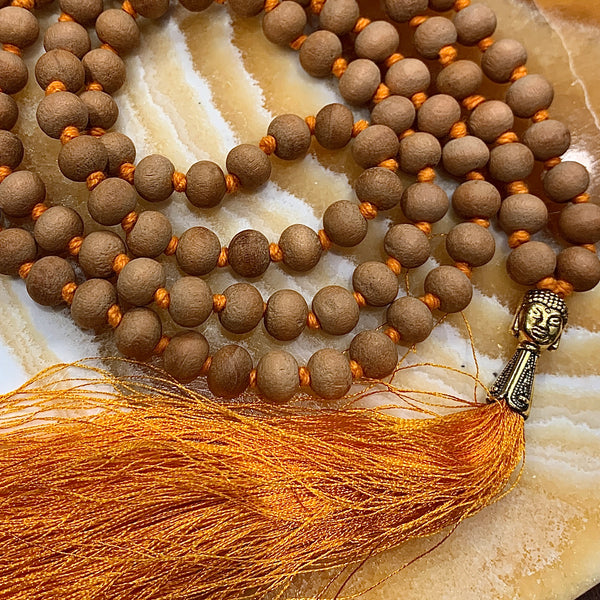 Sandalwood Mala Necklace with Golden Tassel