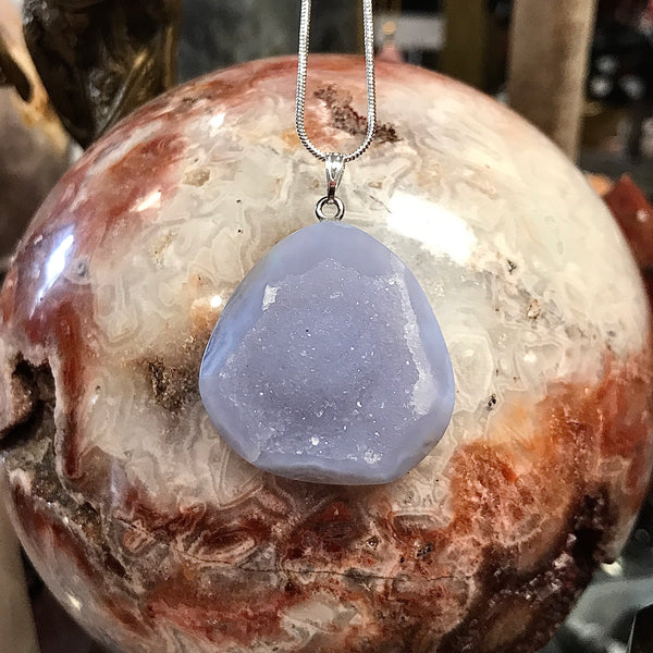 Blue Lace Agate Druzy Pendant Silver Necklace