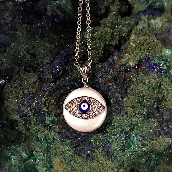 Evil Eye Pearl Coin Pendant CZ Necklace