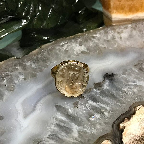 Ganesh Carved Cabochon Gold Plated Brass Ring In quartz crystal