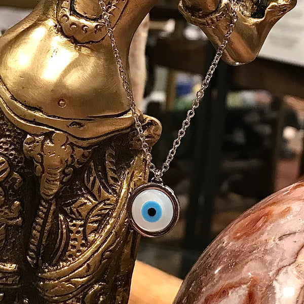 Evil Eye Mother of Pearl Round Pendant Necklace