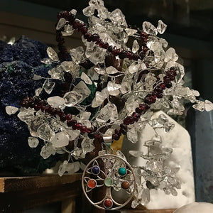 Garnet Tree of Life 7 stone Pendant Necklace 30”