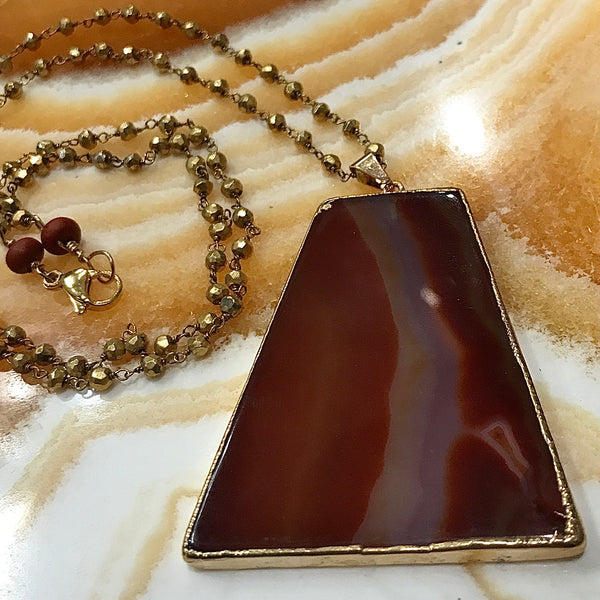 Carnelian Pendant and Pyrite 34 Inch Necklace