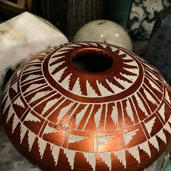 Navajo Artisan Etched Painted Copper and Horsehair Vase by Dee Nelson