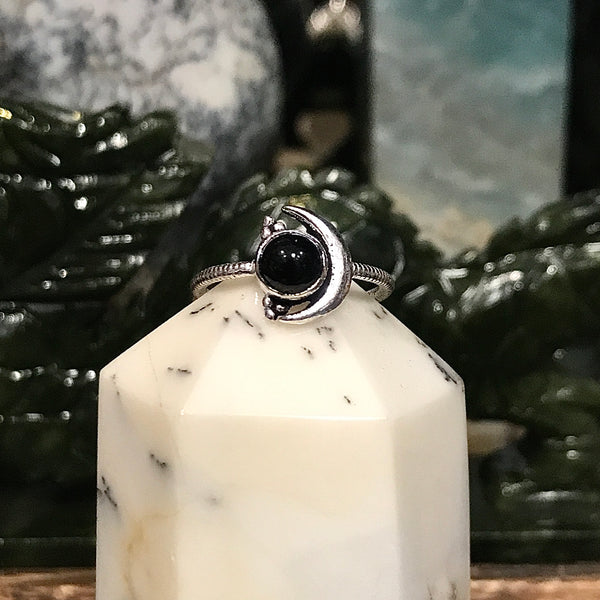 Sterling Silver Crescent Moon Ring with Gemstone