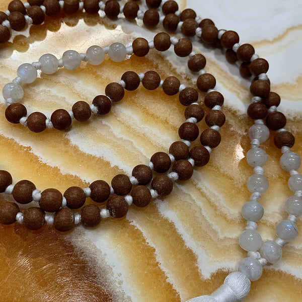 Sandalwood and White Moonstone 108 Bead Meditation Mala Necklace