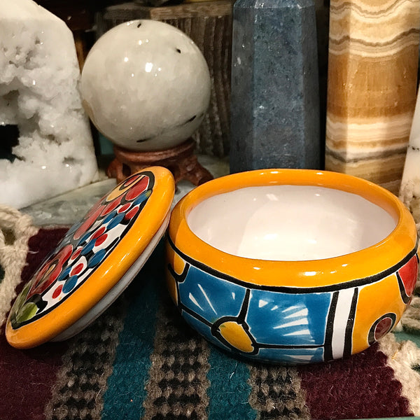 Glazed Hand Painted Round Trinket Box Made in Mexico