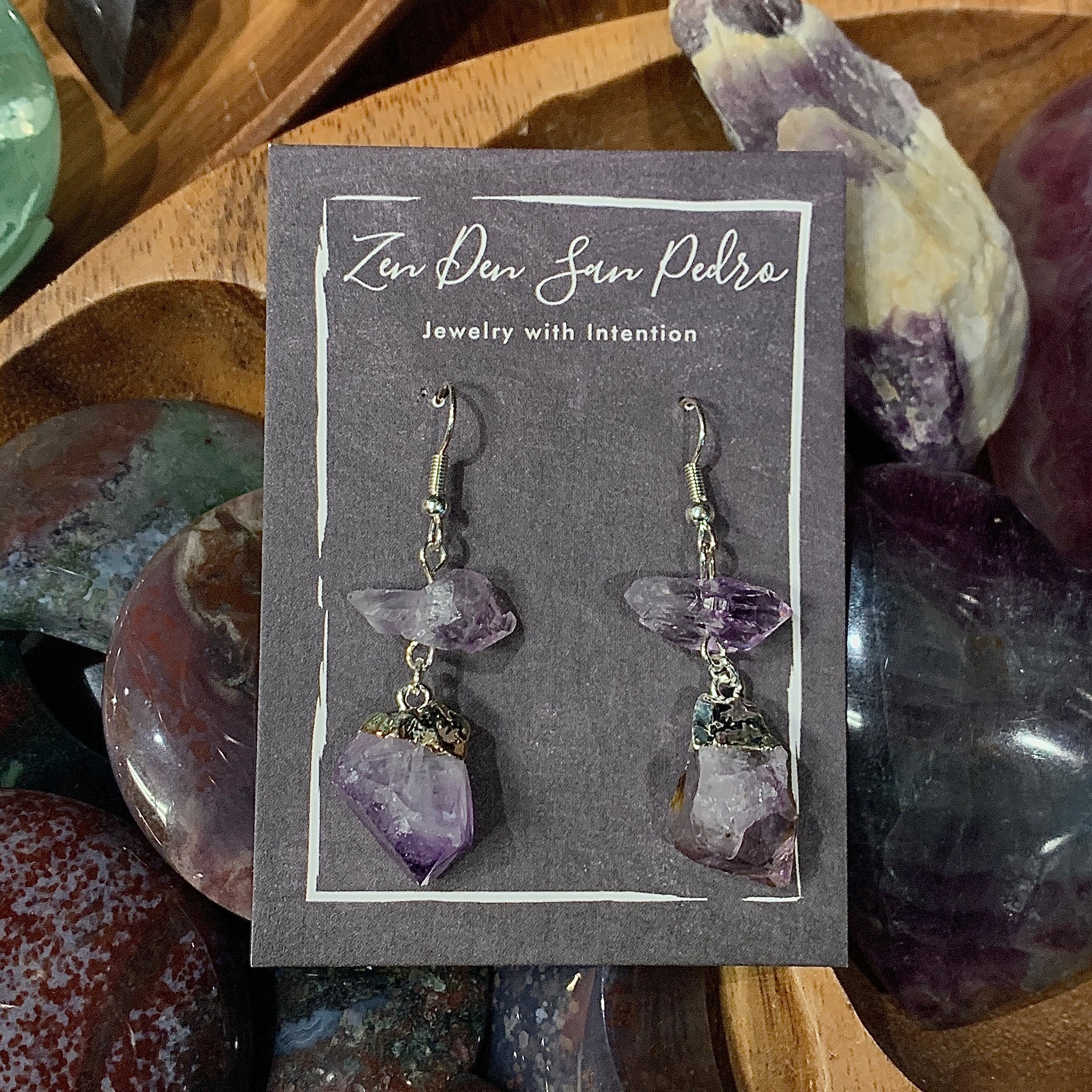 Amethyst Two Stone Dangle Silver Electroform Earrings