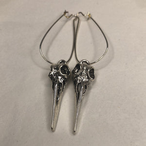 Crow Skull Silver Dangle Earrings