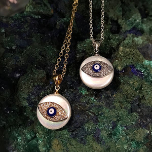 Evil Eye Pearl Coin Pendant CZ Necklace