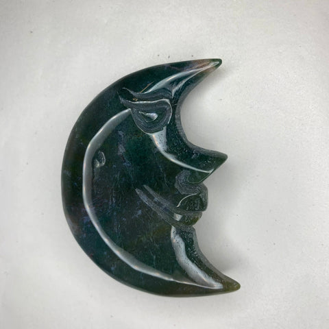 Moss Agate Carved Man in the Moon