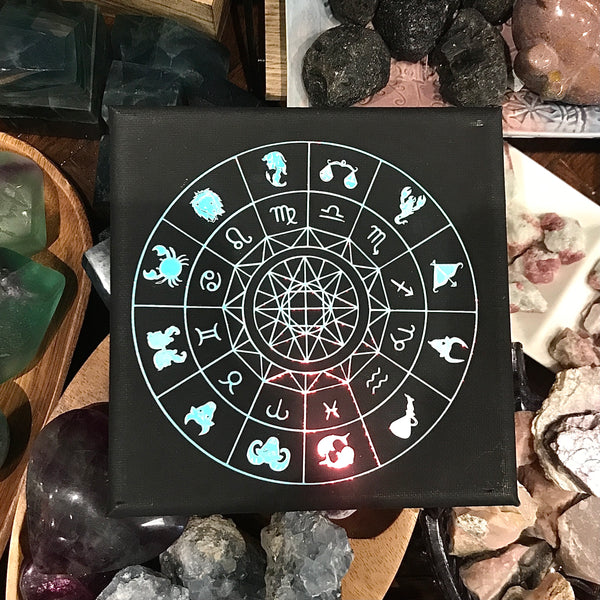 Zodiac Wheel in Iridescent Design on Black Canvas