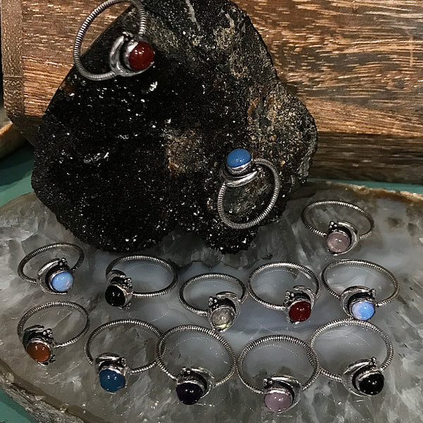 Sterling Silver Crescent Moon Ring with Gemstone