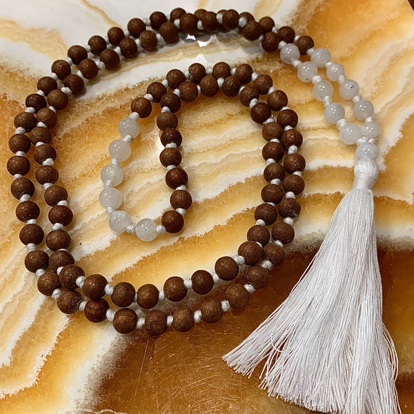 Sandalwood and White Moonstone 108 Bead Meditation Mala Necklace