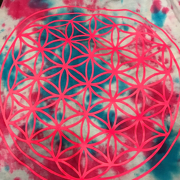Blue and Pink Tie-Dye Flower of Life Infused with Clear Quartz, Sodalite, Rose Quartz, Citrine, Carnelian, Garnet, and Tiger Eye in Medium
