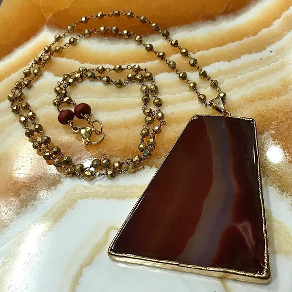 Carnelian Pendant and Pyrite 34 Inch Necklace