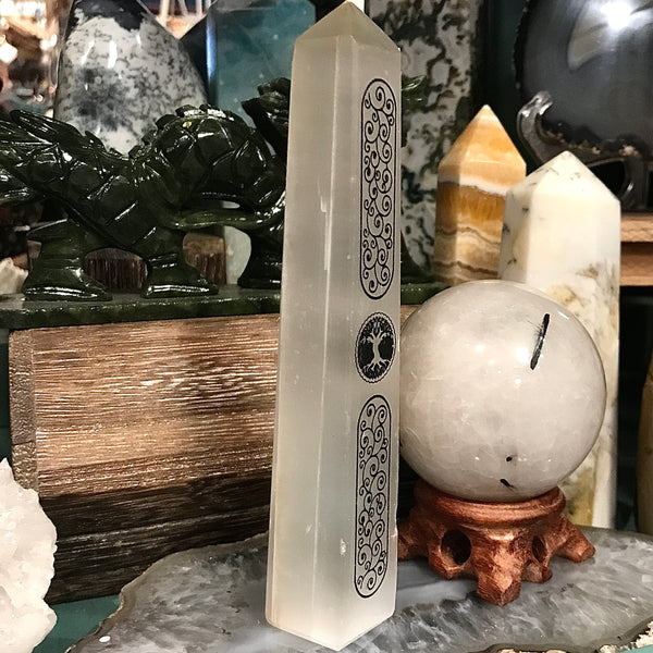 Tree of Life Scroll Engraved Selenite Tower 5 Inch