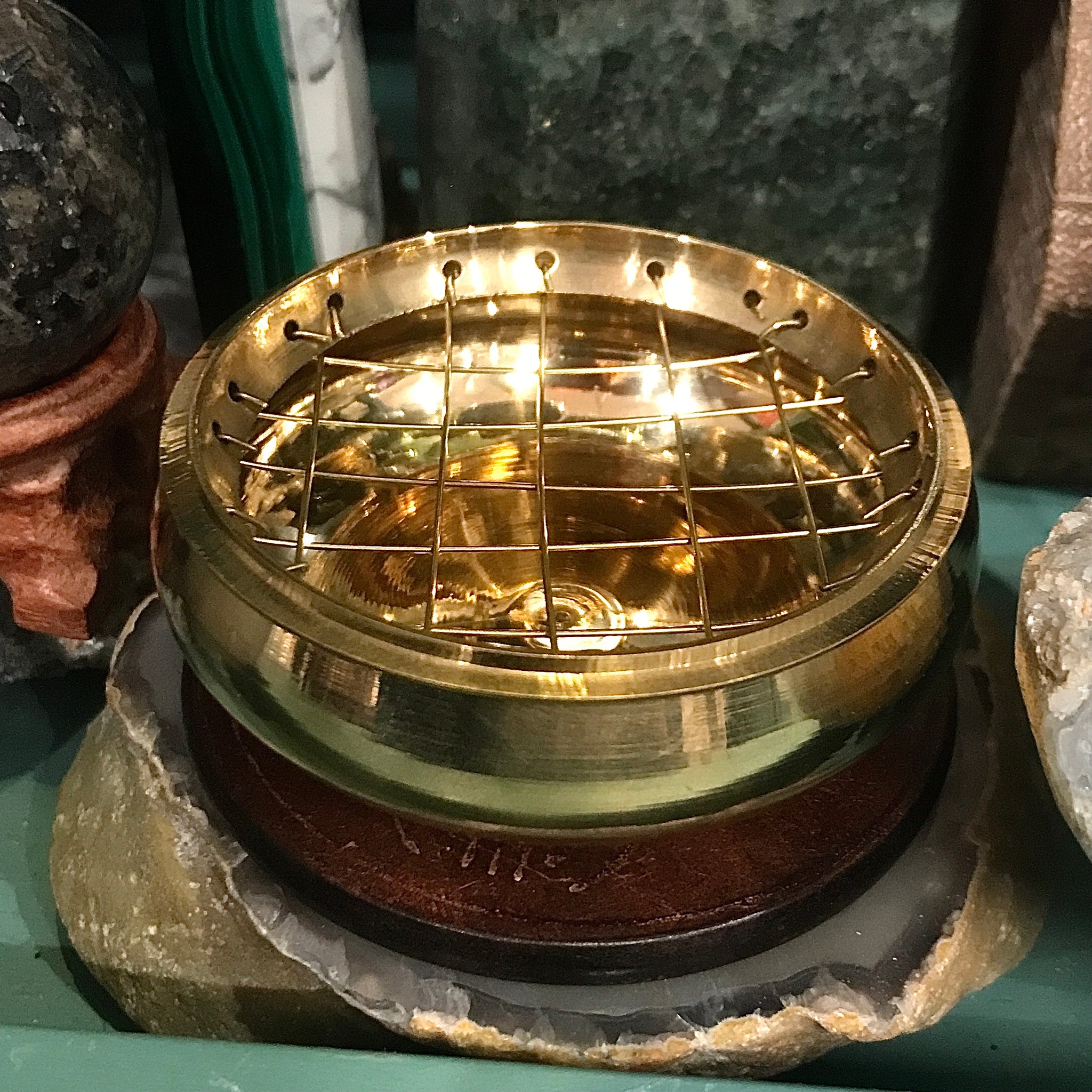 Brass Screen Round Incense Burner With Wood Plate