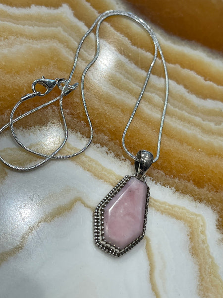 Sterling Silver Pink Opal Coffin Pendant 18” Necklace