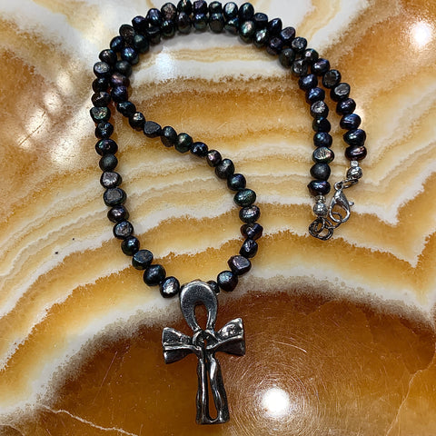 Ankh Silver Finish Pewter and Pearl Necklace