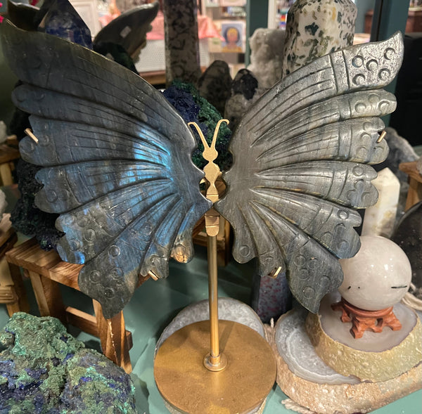 Labradorite Butterfly Wings Carving Set with Brass Stand