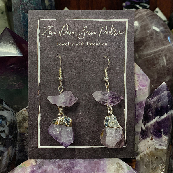 Amethyst Two Stone Dangle Silver Electroform Earrings