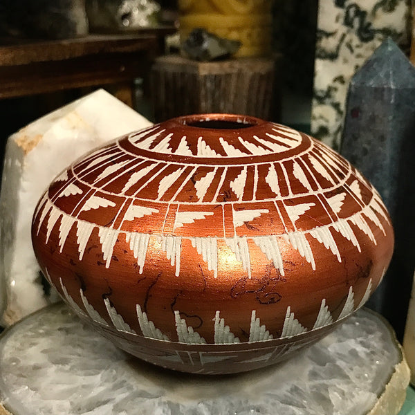 Navajo Artisan Etched Painted Copper and Horsehair Vase by Dee Nelson