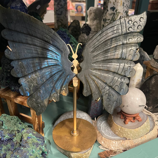 Labradorite Butterfly Wings Carving Set with Brass Stand