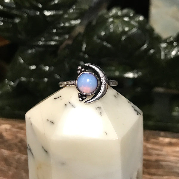 Sterling Silver Crescent Moon Ring with Gemstone