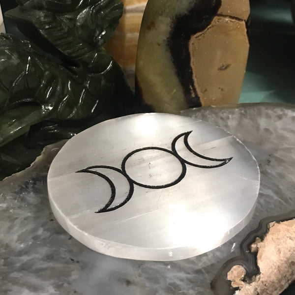 Triple Moon Engraved Selenite Charger