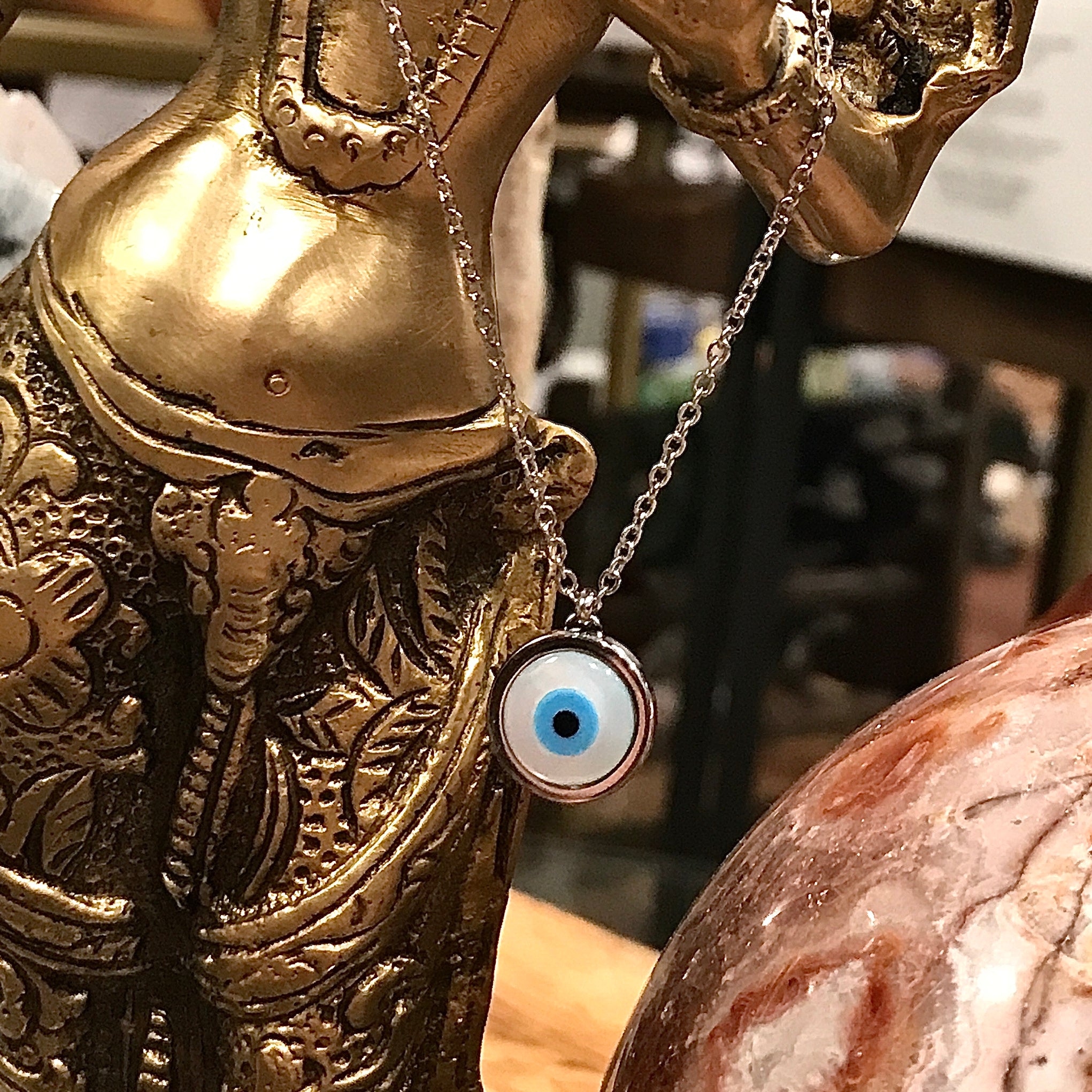 Evil Eye Mother of Pearl Round Pendant Necklace