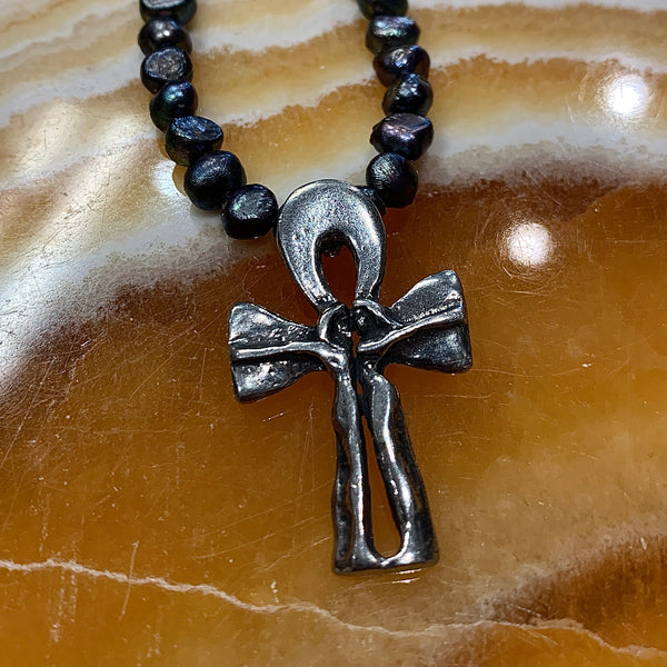 Ankh Silver Finish Pewter and Pearl Necklace