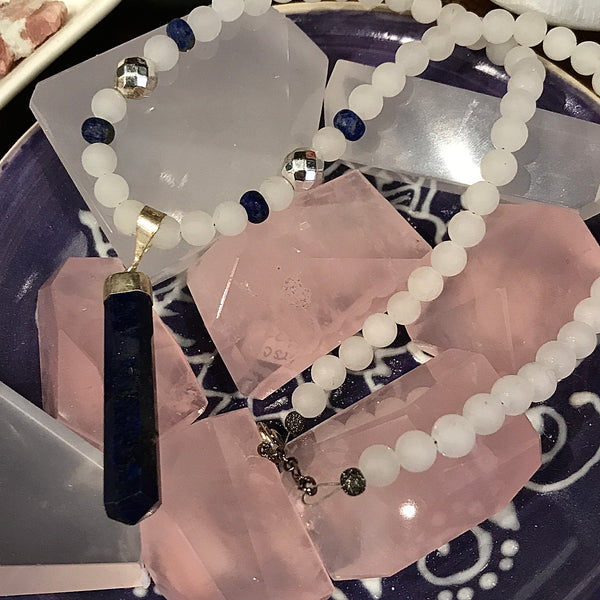 Lapis and White Jade Beaded Silver Necklace