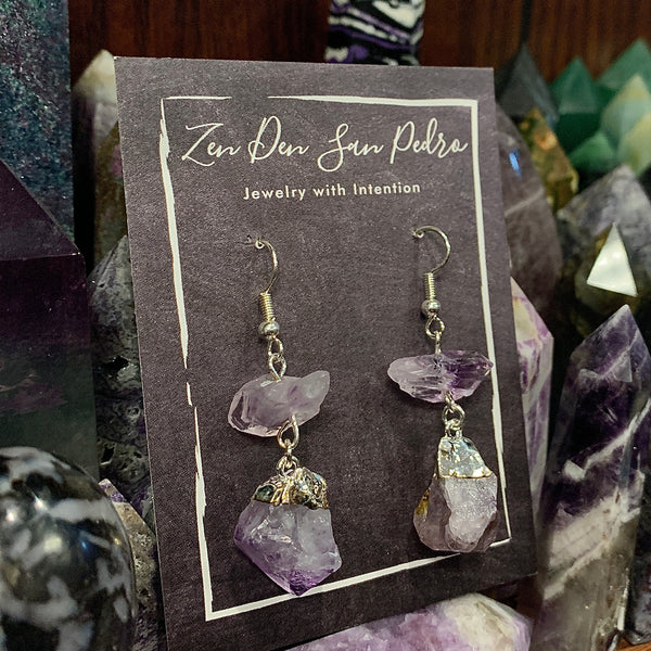 Amethyst Two Stone Dangle Silver Electroform Earrings