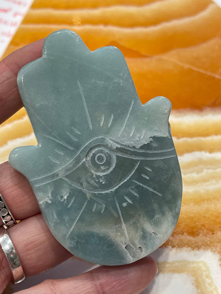 Caribbean Blue Calcite Hamsa Hand Carving 3 inch