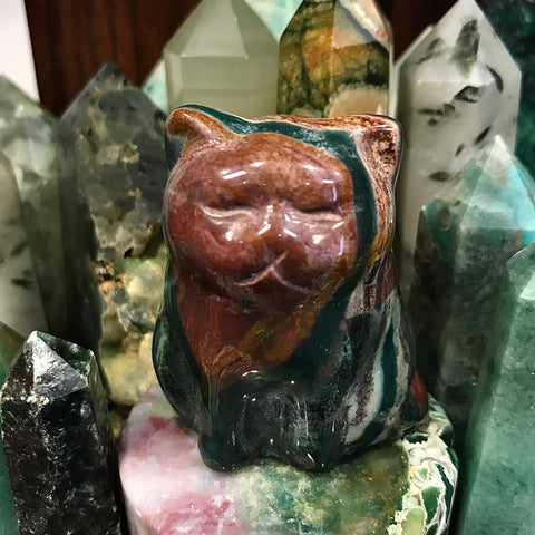 Grumpy Cat Carving in Ocean Jasper